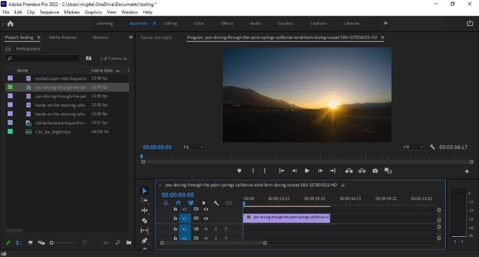 Adobe Premiere Pro Assembly Interface with sunrise footage on timeline