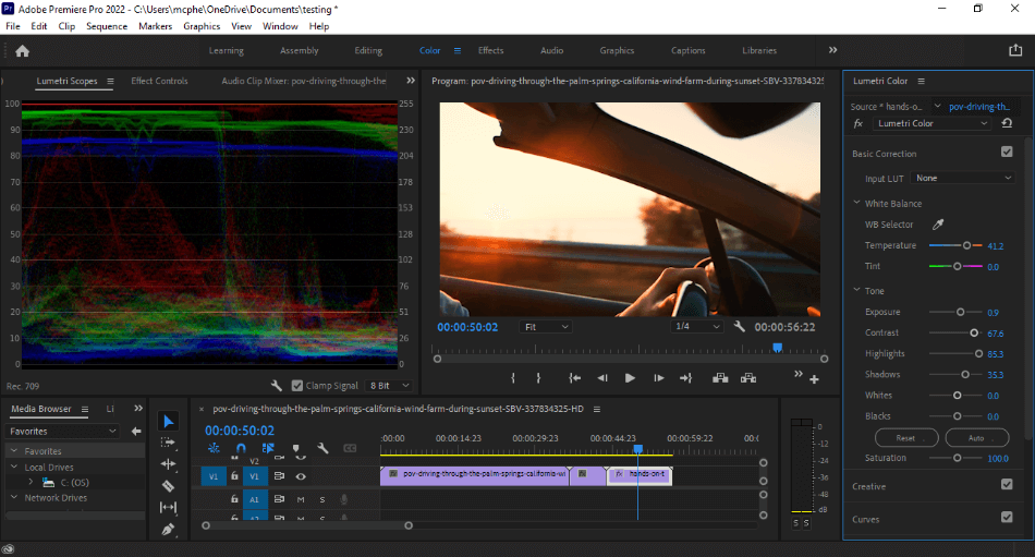 Adobe Premiere Pro Color Workspace editing colors of sunrise and steering wheel