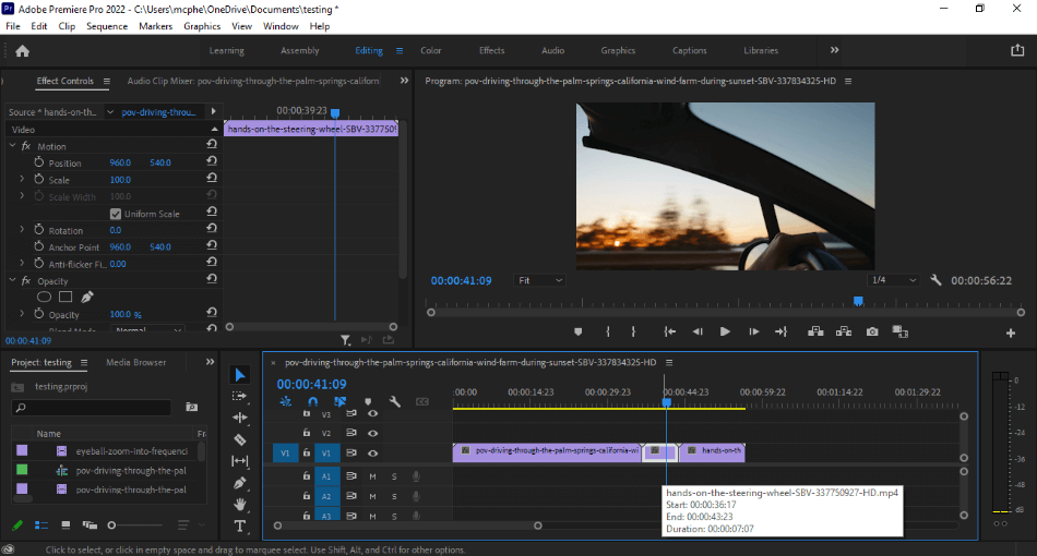 Adobe Premiere Pro Editing Workspace editing man driving car at sunrise