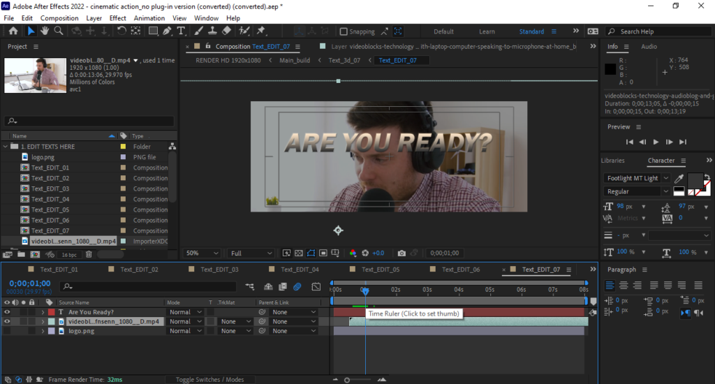 After Effects editing footage of YouTuber over text that says Are You Ready
