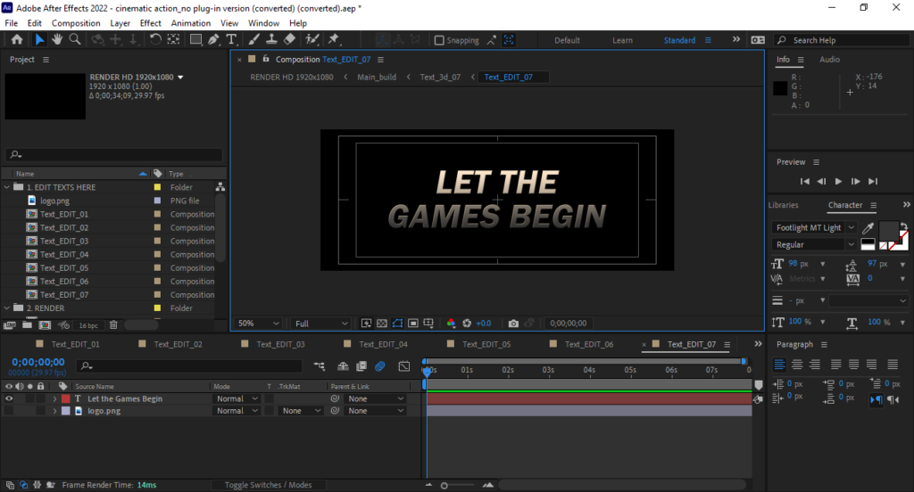 After Effects interface with text that says Let The Games Begin
