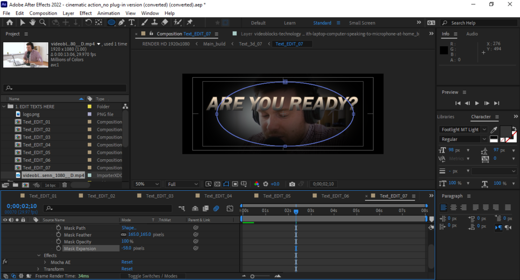 After Effects masking footage of YouTuber with text in foreground
