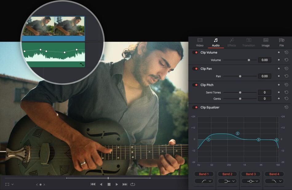 DaVinci Resolve editing audio of a man playing a guitar