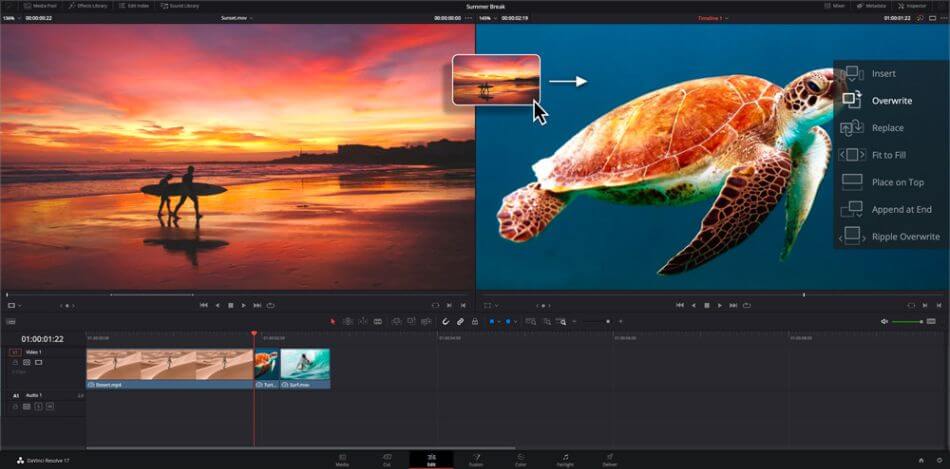 DaVinci Resolve editing transition between beach and turtle footage