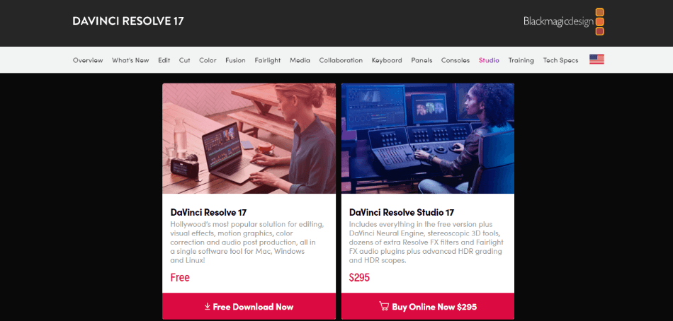 DaVinci Resolve pricing options on the Blackmagic Design website