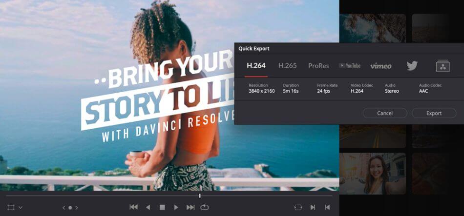 DaVinci Resolve quick export setings of a video