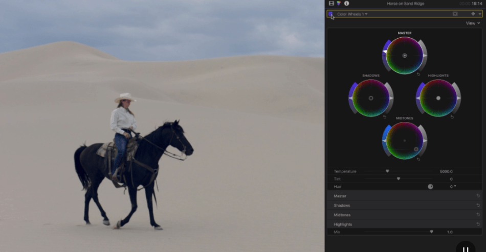 Final Cut Pro color wheels for editing footage of a woman on a horse