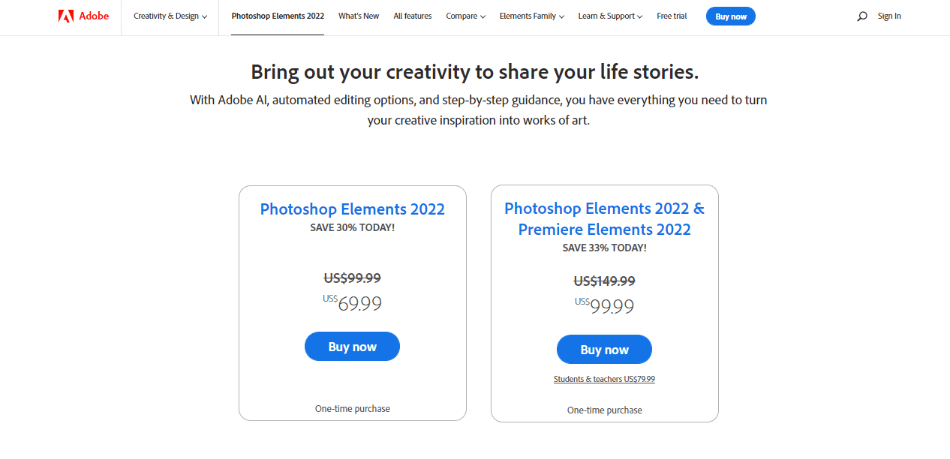 Photoshop Elements Pricing On Adobe Website
