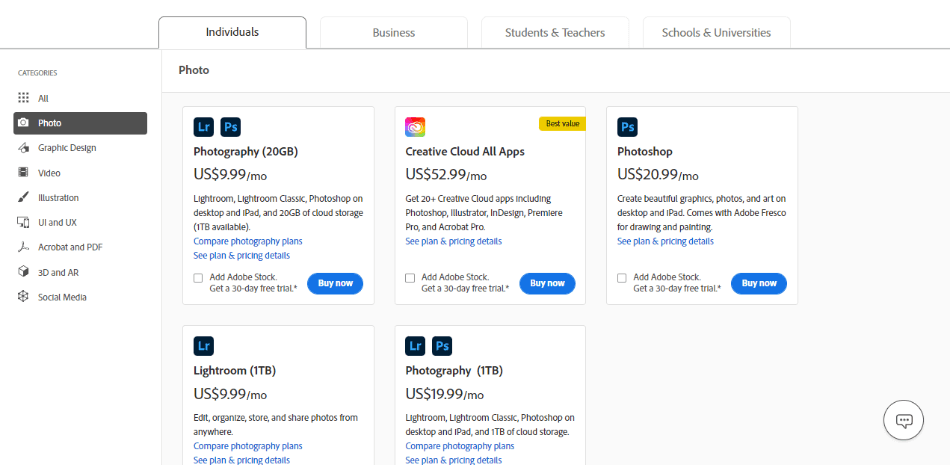 Photoshop Pricing Plans