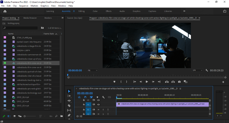 Premiere Pro Assembly workspace with video footage on a timeline