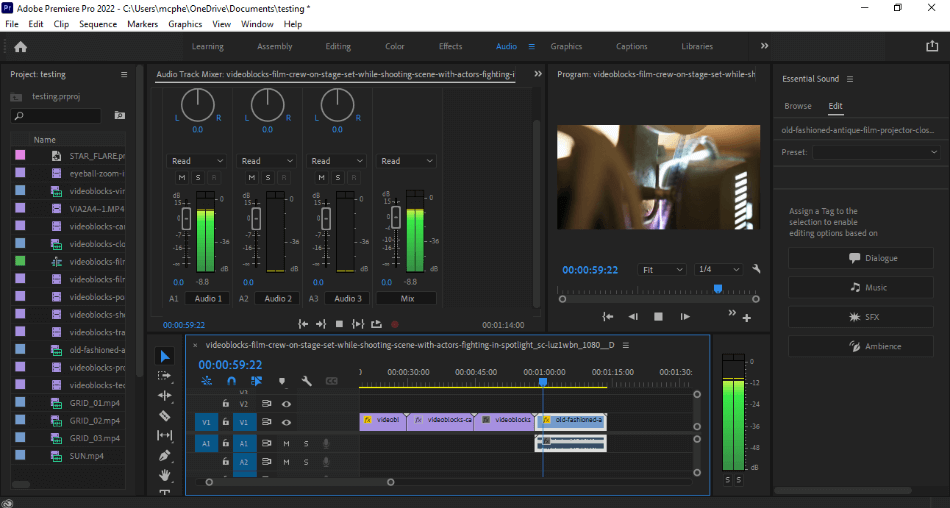 Premiere Pro editing audio for footage of a film projector running