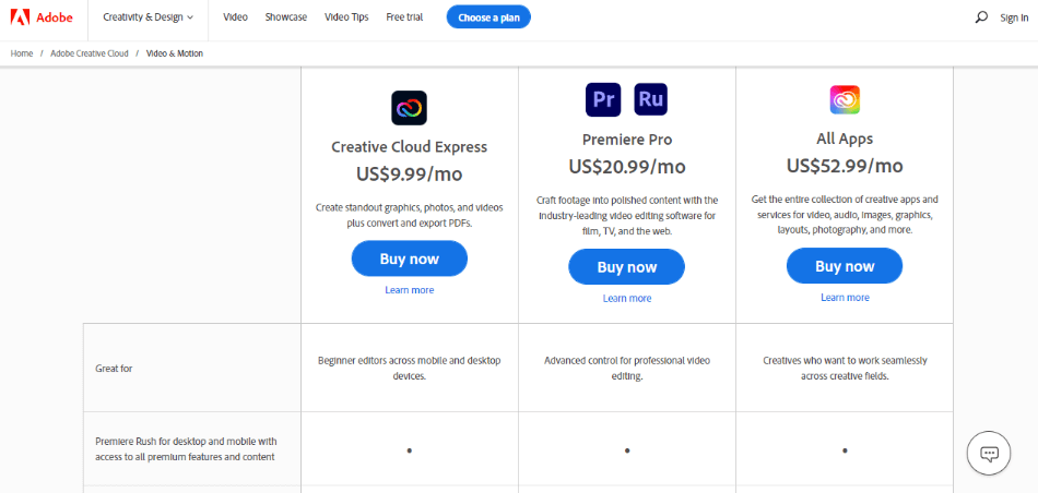 Premiere Rush pricing plans on Adobe website