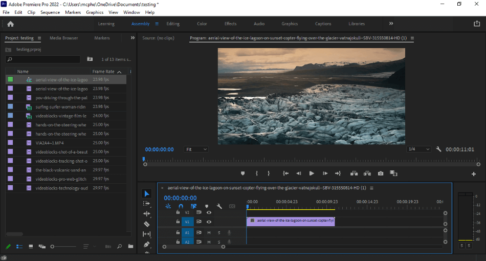 Premiere Pro Assembly Workspace With Mountain footage on the timeline