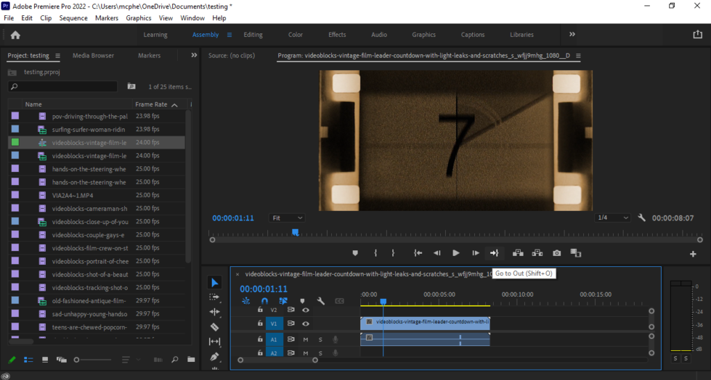 Premiere Pro Assembly Workspace with filmstrip footage on the timeline 1