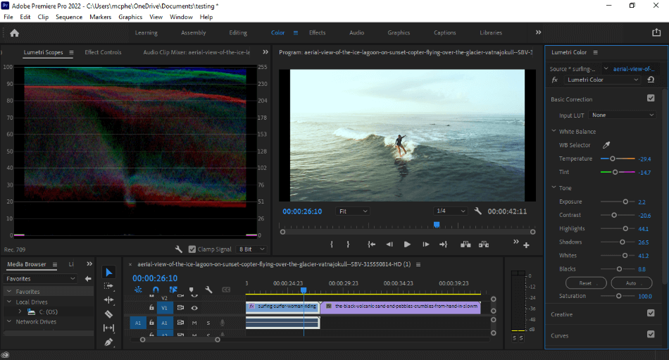 Premiere Pro Color Workspace editing colors of surfer footage