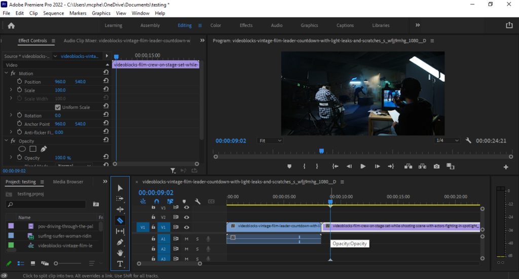 Premiere Pro Editing Workspace with footage of a film set on the timeline