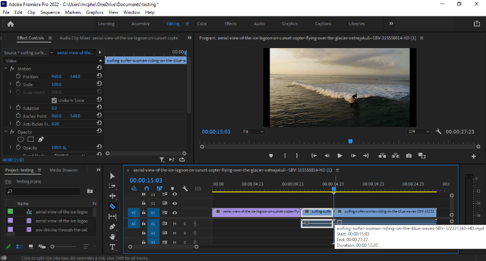 Premiere Pro Editing Workspace with footage of a surfer