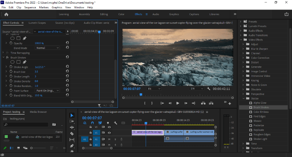 Premiere Pro Effects Workspace applying brushstrokes to mountain footage
