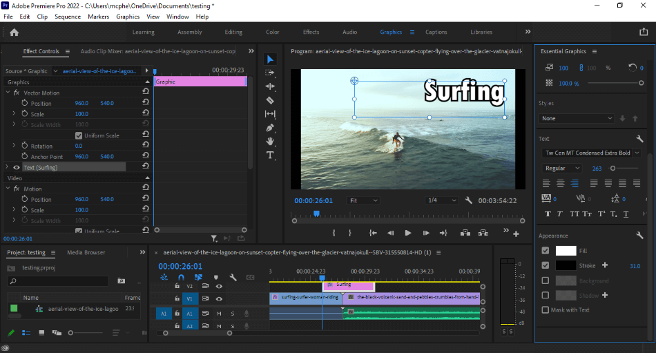 Premiere Pro Graphics Workspace adding surfing text over surfer