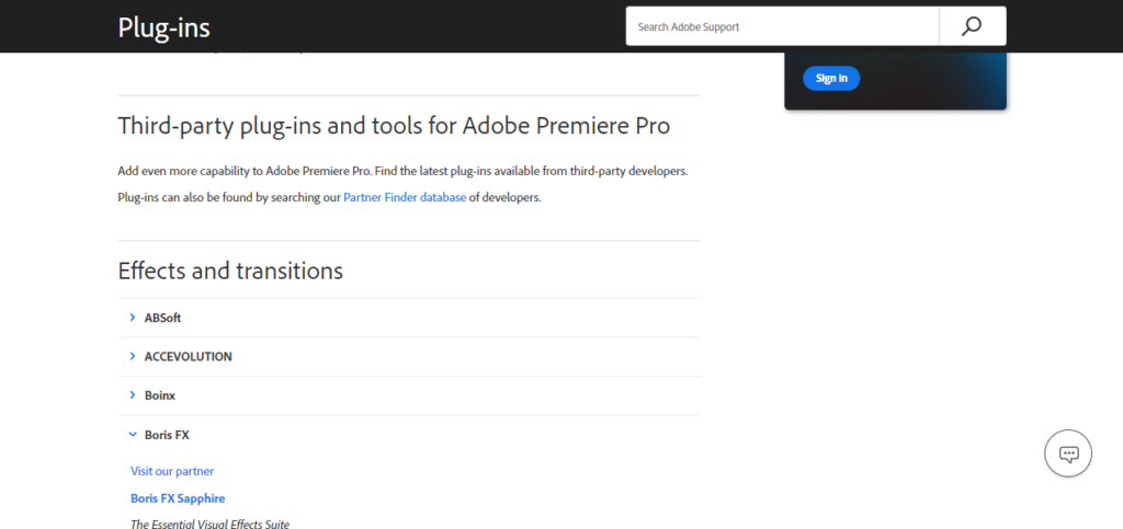 Premiere Pro plugins page on Adobe website