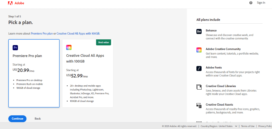 Premiere Pro pricing plans on Adobe website 1