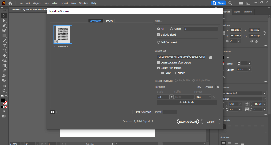 Illustrator export for screens settings