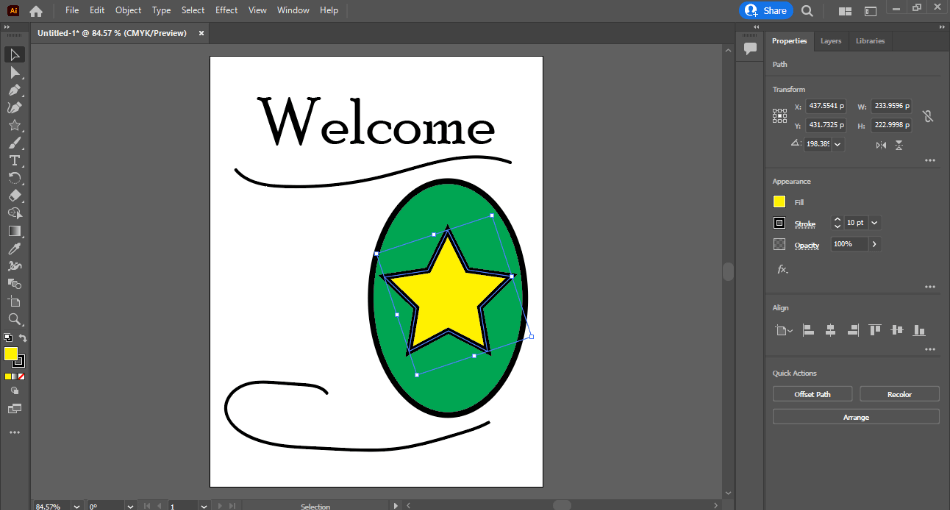 Illustrator interface with welcome text and green shape with star