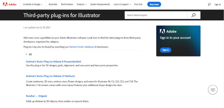 Illustrator plugins listed on Adobe website