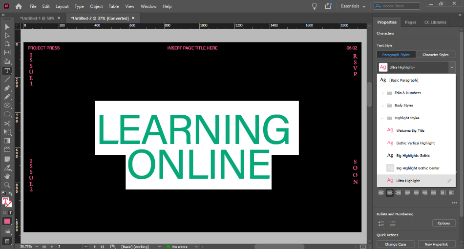 InDesign editing text that says learning online