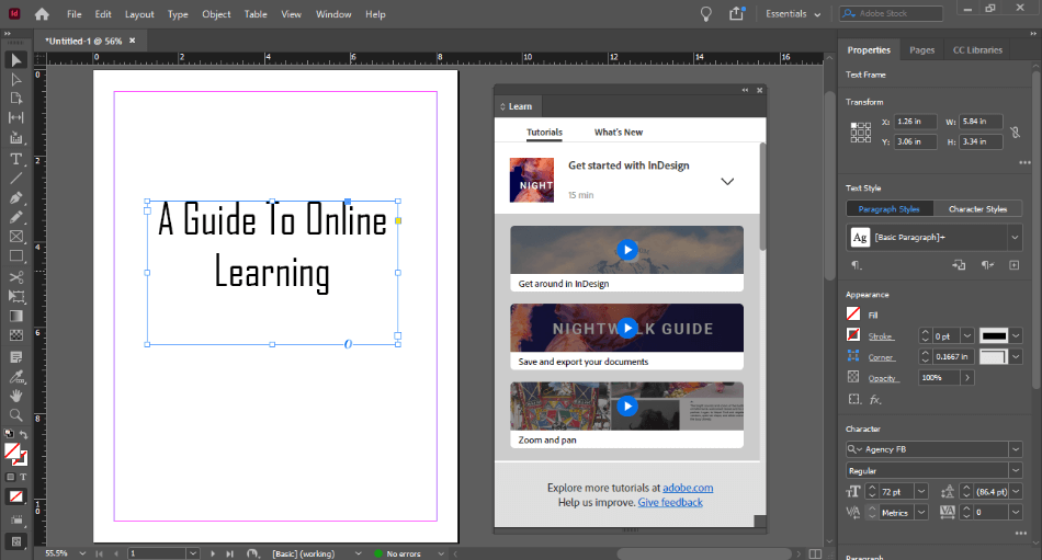 InDesign interface for a book cover on online learning