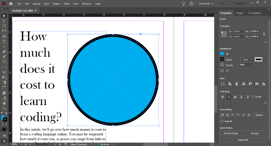 InDesign page on learning code with blue circle shape wrapped around text