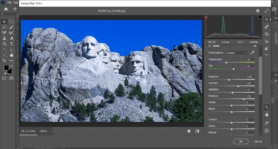 Photoshop camera raw filter for photo of mount rushmore