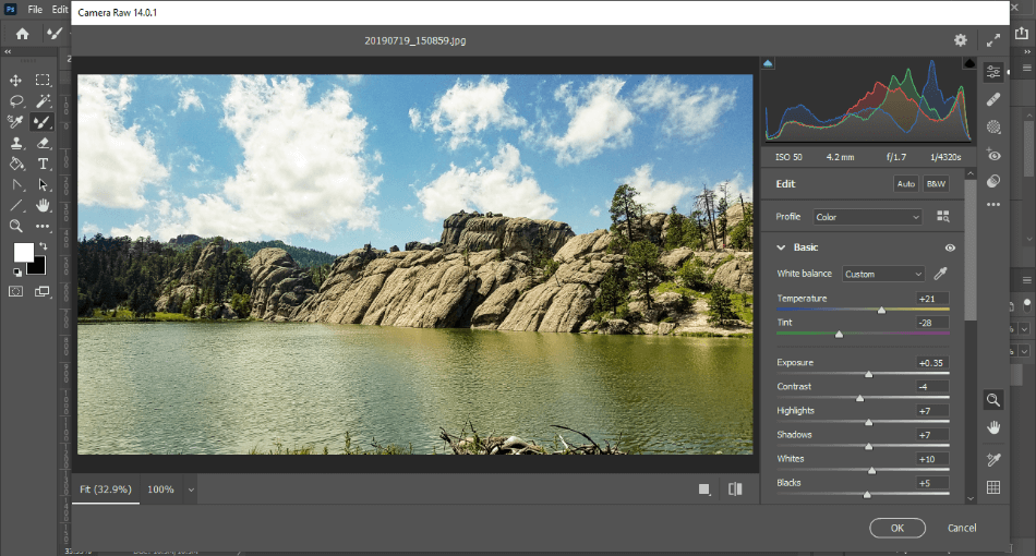 Photoshop plugin for Camera Raw Filter over lake