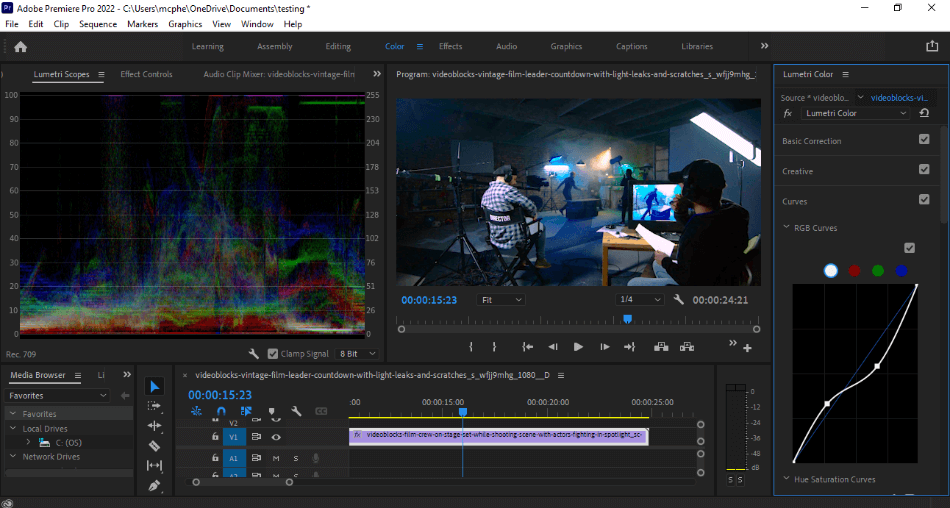 Premiere Pro color lumetri scope tools for film set footage