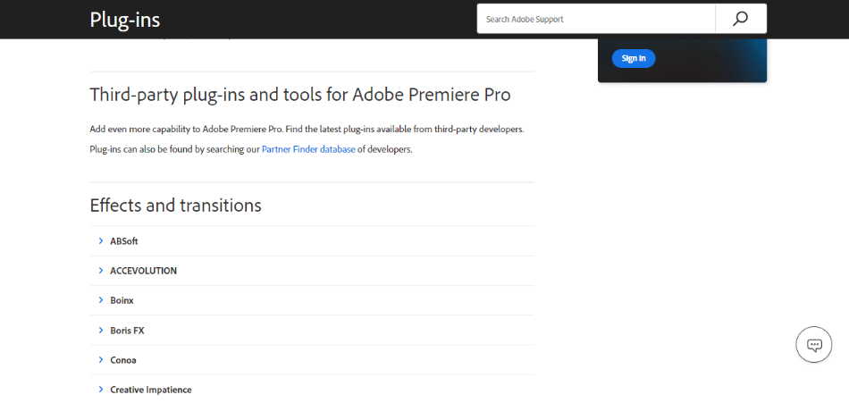 Premiere plugins on Adobe website 1