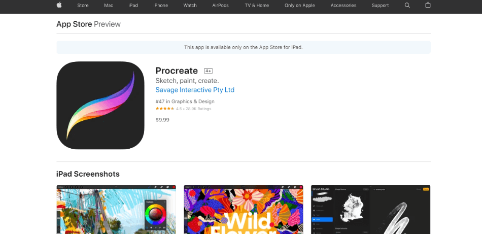 Procreate pricing app page