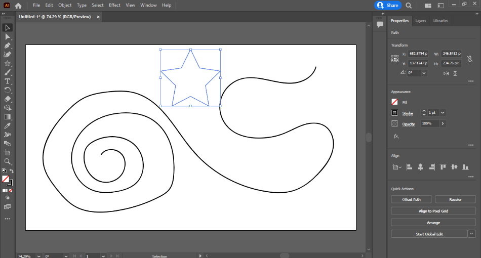 Adobe Illustrator interface with pen swirls and star shape