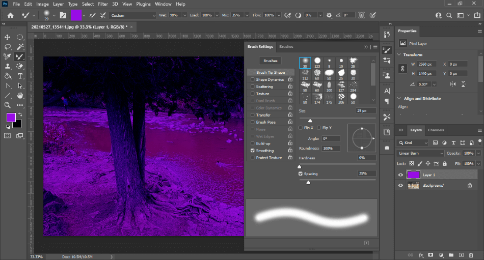 Adobe Photoshop interface of brushes for tree picture