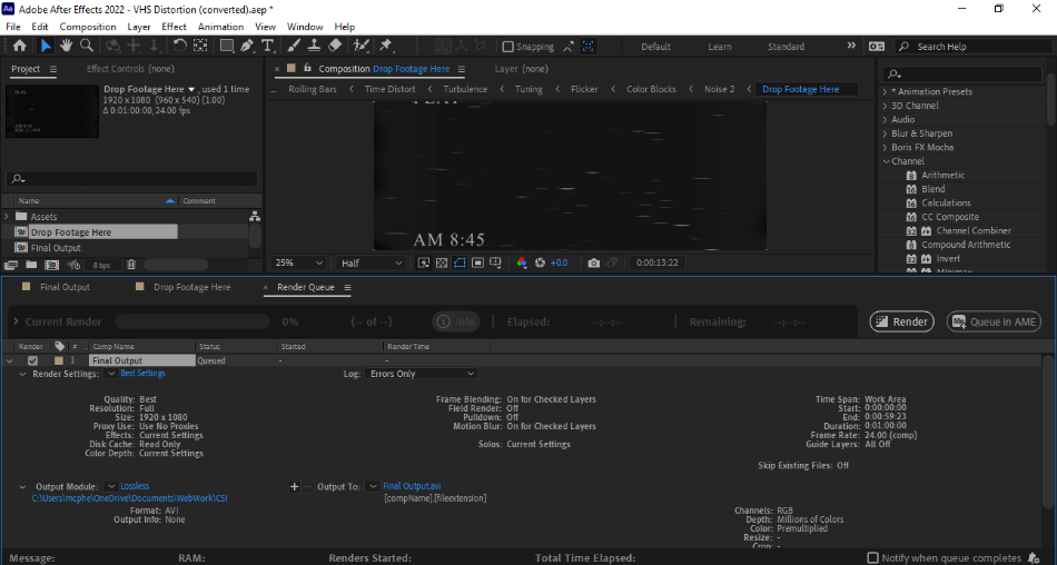 After Effects render queue for VHS effects 