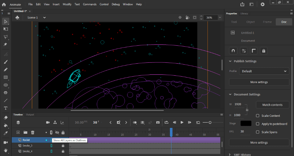 Animate wireframe of rocket in space