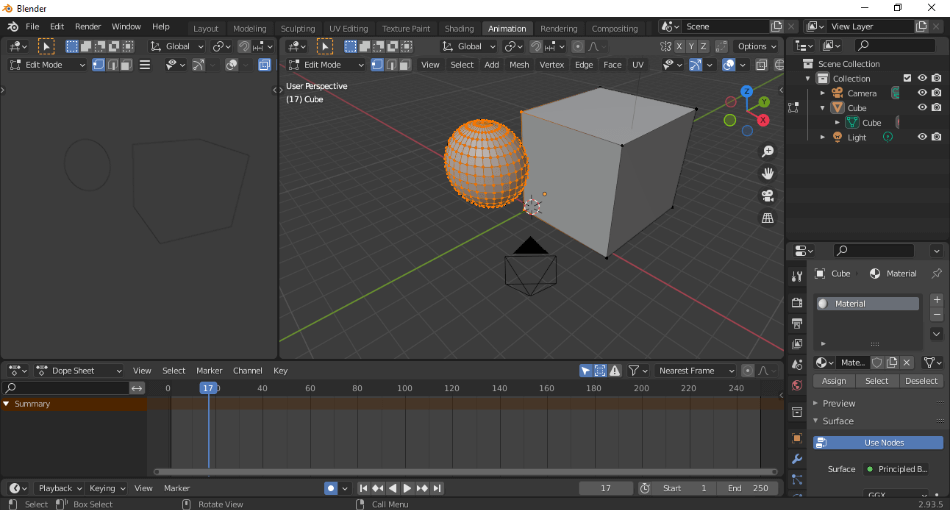 Blender animation interface for cube and sphere