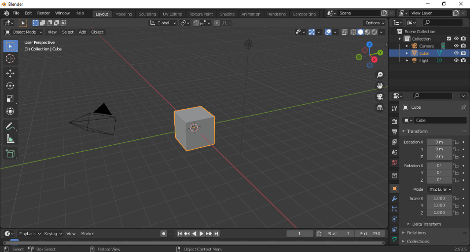 Blender interface with cube