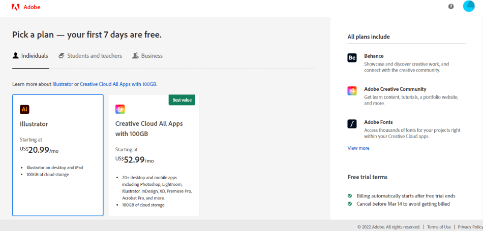 Illustrator prices on Adobe website