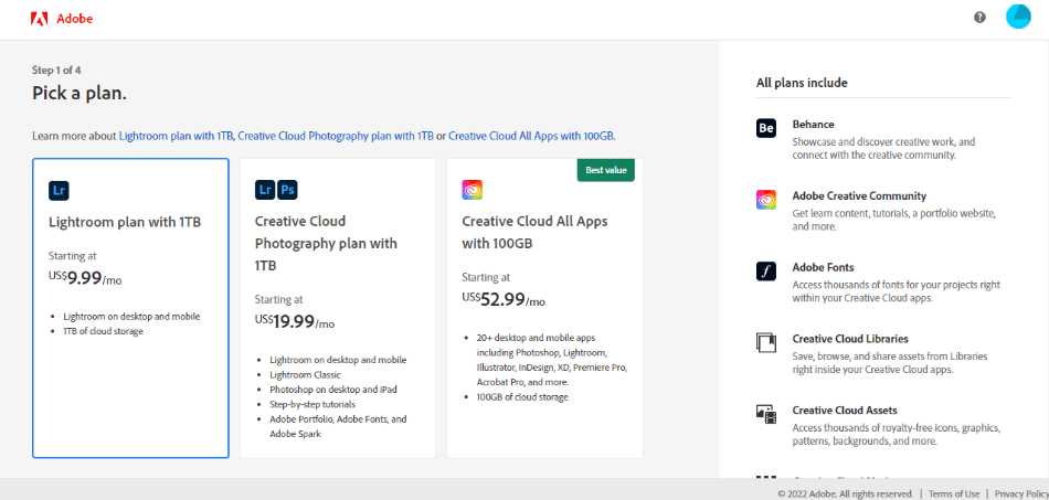 Lightroom pricing guide on Adobe website