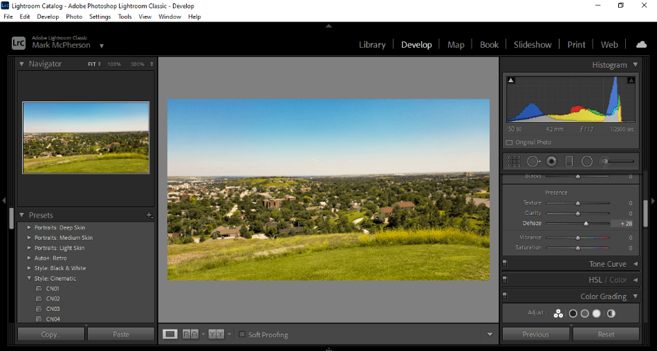 Lightroom Classic editing photo of town from hill