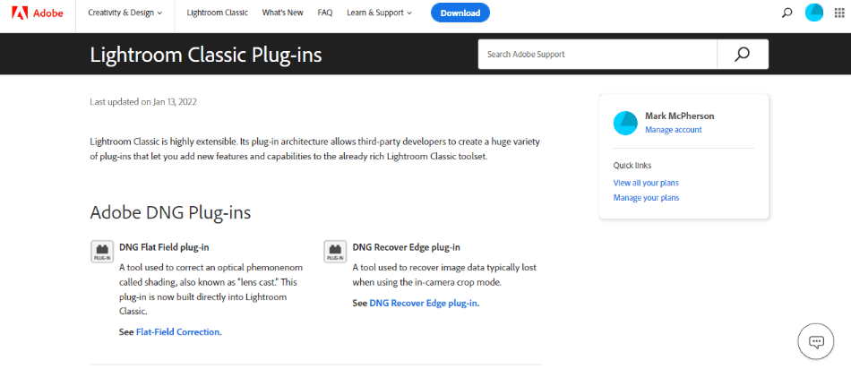Lightroom plugins page on Adobe