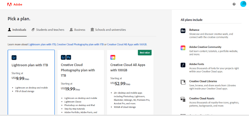 Lightroom pricing plans on Adobe website
