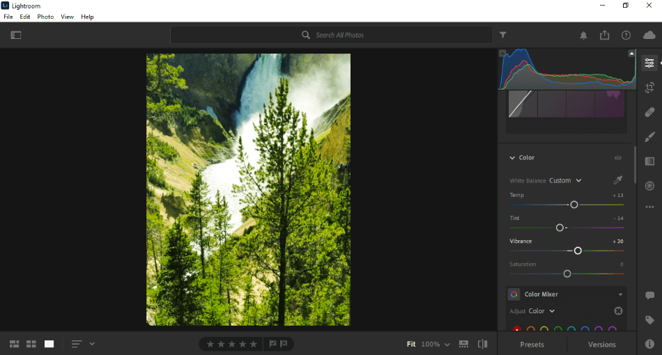 Lightroom tools for fixing colors of waterfall