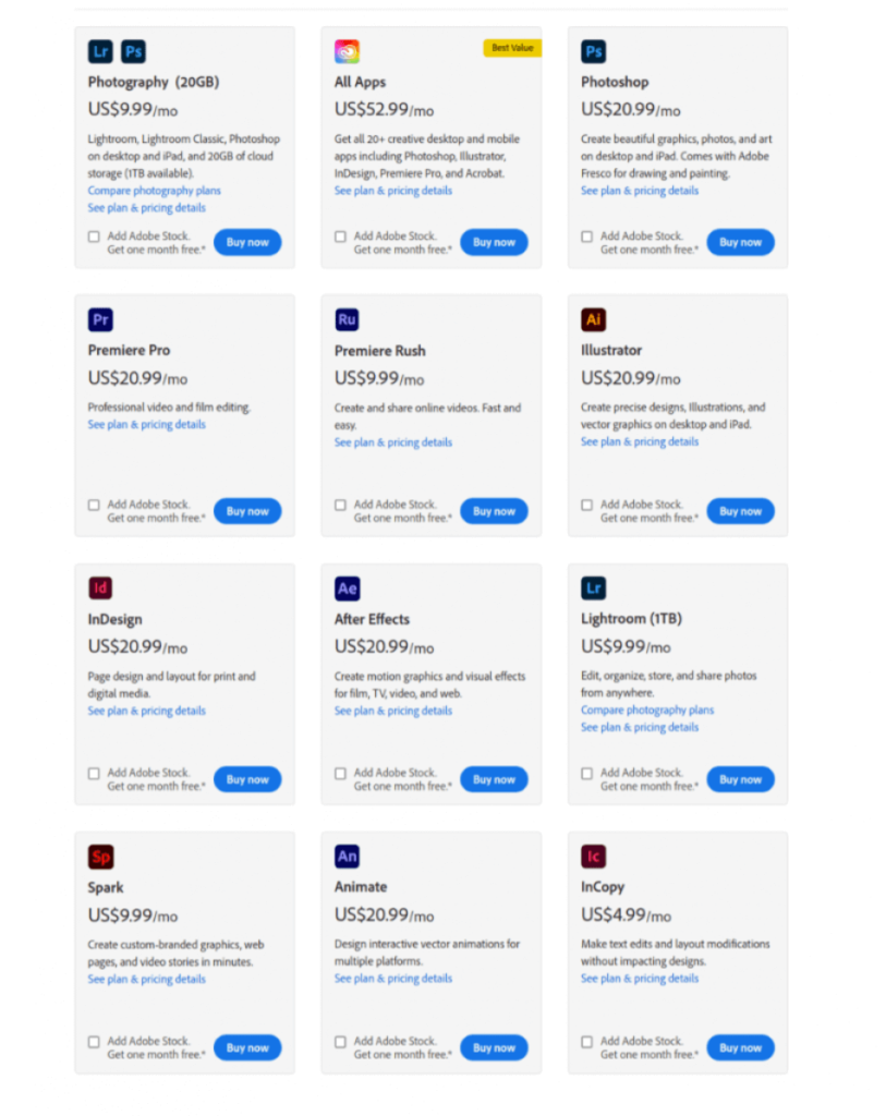 Adobe Products Pricing