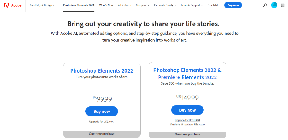 Photoshop Elements Page on Adobe Website